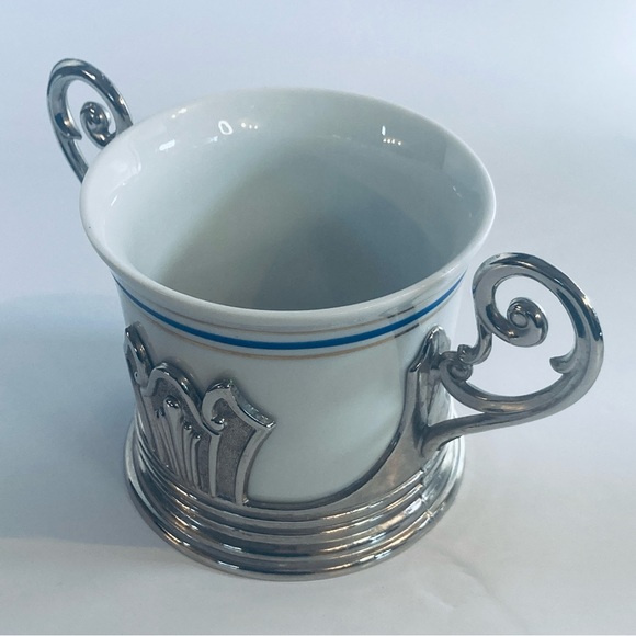 Rare Vintage Italy Fine Porcelain White Sugar Bowl EP Zinc Chrome Stand Art Deco - Picture 5 of 5